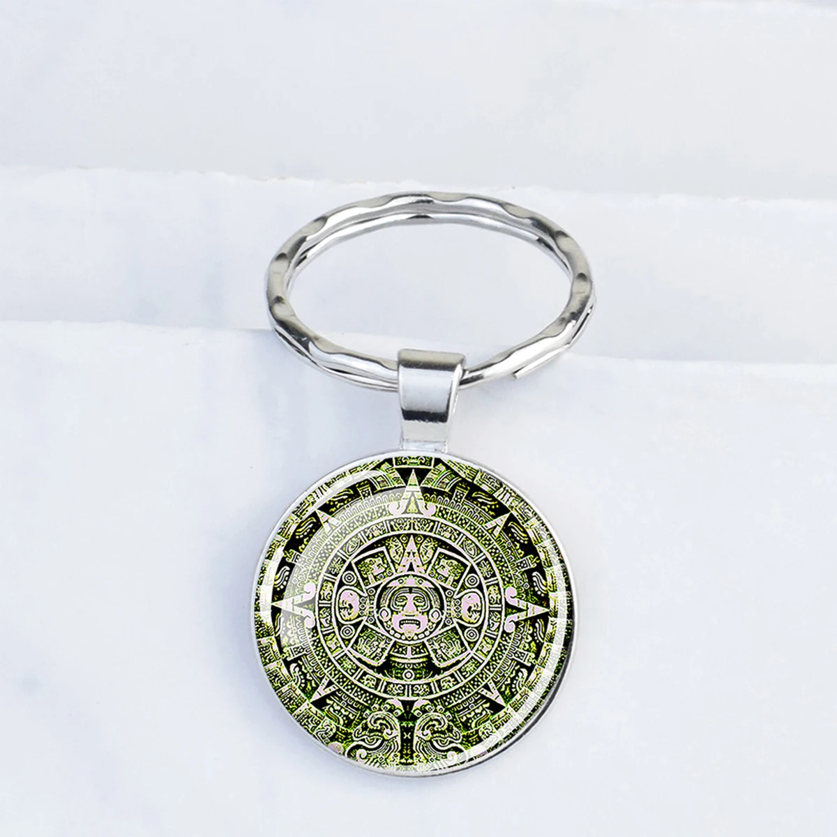 Aztec Calendar Keychain Mexico Ancient Mayan Art Glass Key Chain Vintage Accessories