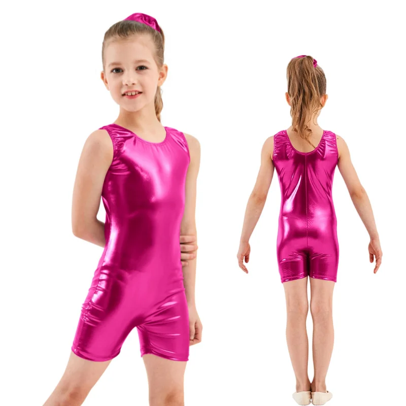 

Aoylisey Ensnovo Kids Leotard - Round-Neck Sleeveless Design for Stage Dance Performance - Metallic Shiny Coated Fabric