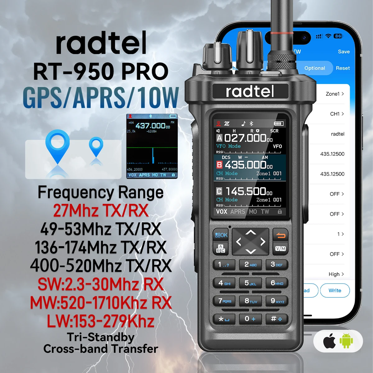 Radtel RT-950 PRO Bluetooth GPS APRS pantalla RGB programable frecuencia FM/SSB + 71cm doble banda 86mhz Ham Handtalkie con aplicación