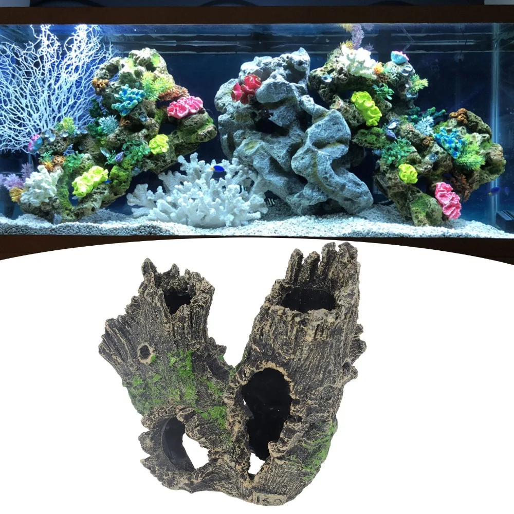 Multi-Cavity Hollow Aquarium Tree Stump Decor Single Molded Resin Textured Surface Fish Tank Cave Ornament Green Color Patches