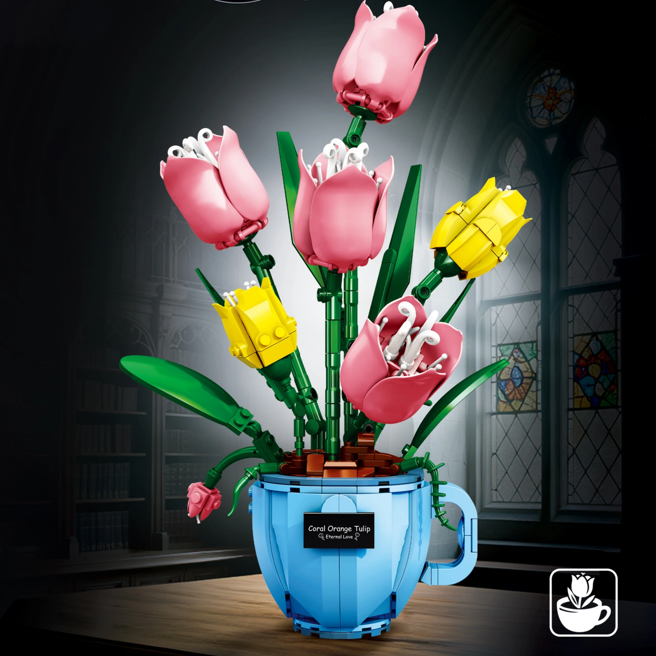 A Coffee Cup Tulip Building Block Set, Suitable for Home Decoration, Floral Tabletop Display, and as a Gift.
