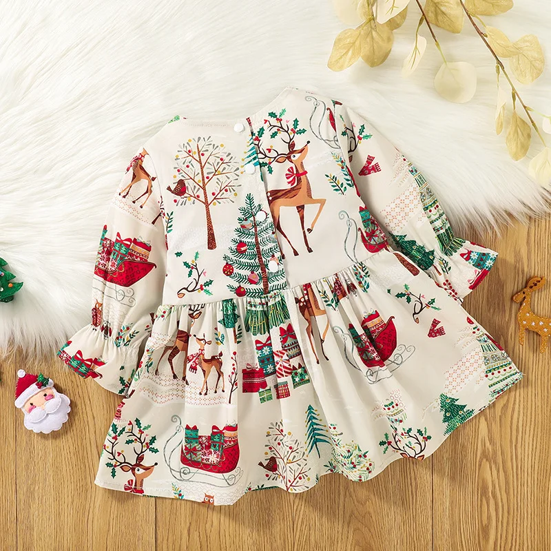 Spring and Autumn Baby Girls Christmas New Long sleeved Flare Mouth Pleated Casual Cute Dress