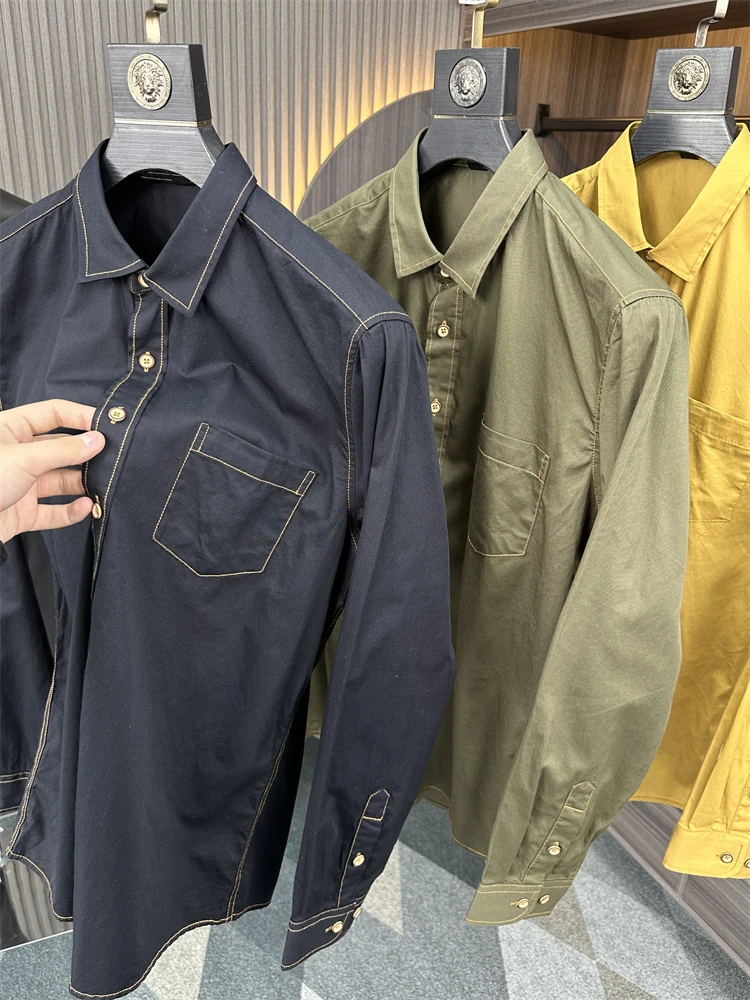 

Spring Men's Color Blo Long Sve Collar Denim irt Outlined Line Casual Loose Fit Youth Trend Pure Color