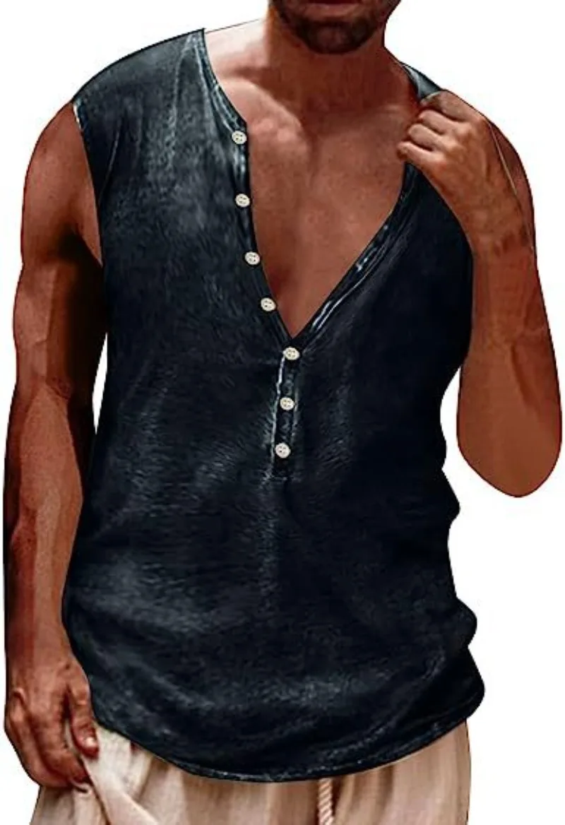 2024 New Men's Tank Top for Foreign Trade Casual Solid Color Short Sleeved V-neck Buckle Men's T-shirt