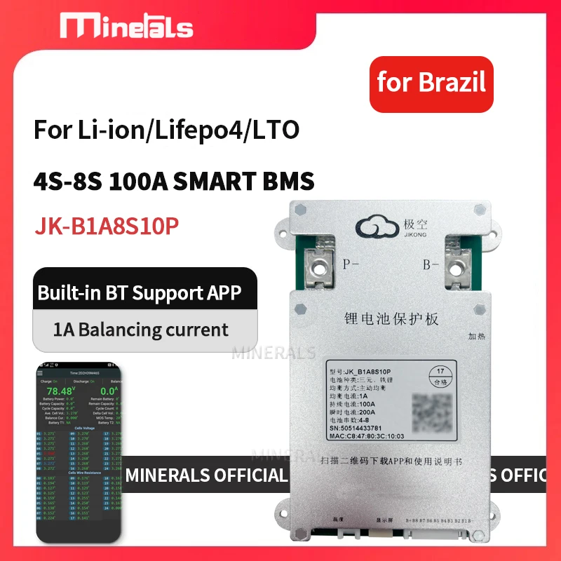 JK BMS JK-B1A8S10P Envio do Brasil 4S 5S 6S 7S 8S 100A SMART BMS com Equalização Ativa e Bluetooth APP para Balanceamento Ativo