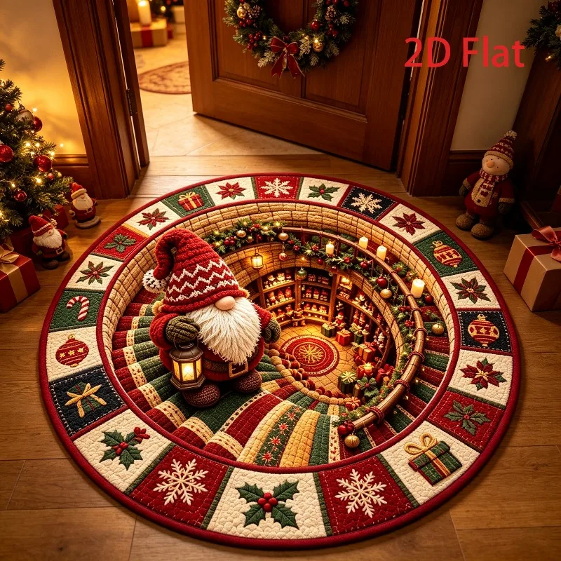 Christmas Optical Illusion Cave House Round Rug Holiday Decor Plush Floor Mat for Living Room Bedroom Entryway Hallway Carpet