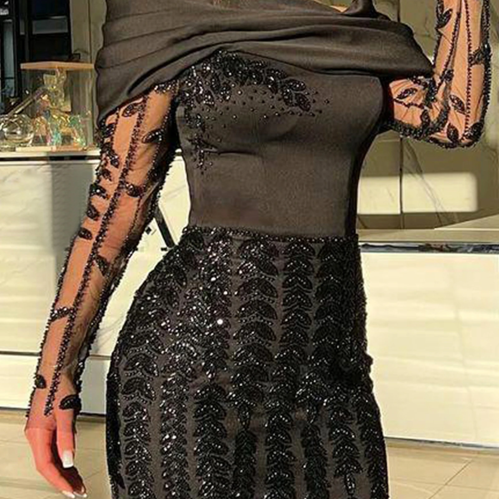 Elegant Party Dresses Small Beaded One Shoulder Mermaid Dress Lace Long Sleeve Slit Ankle Cocktail Party Formal Evening Gown