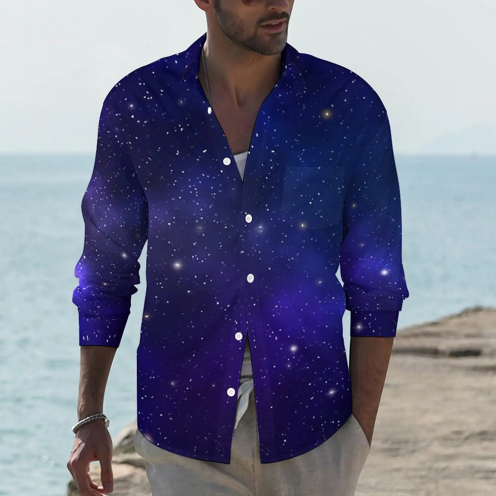 

Blue Galaxy Y2K Casual Shirt Man Stars Print Shirt Autumn Retro Blouses Long Sleeve Design Oversized Top