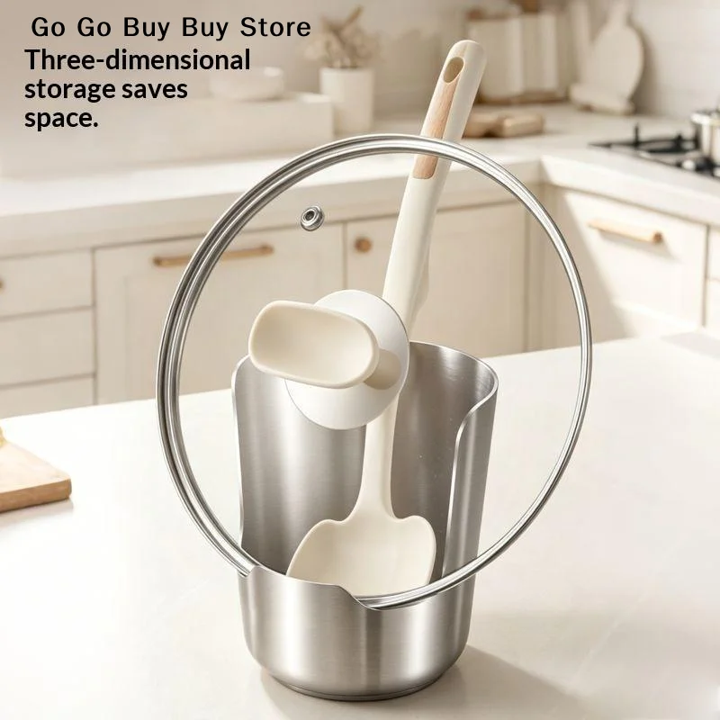 【S】2-in-1 Stainless Steel Pot Lid & Spoon Rest Rack Space Saving Rustproof Kitchen Organizer for Countertop Cooking Storage