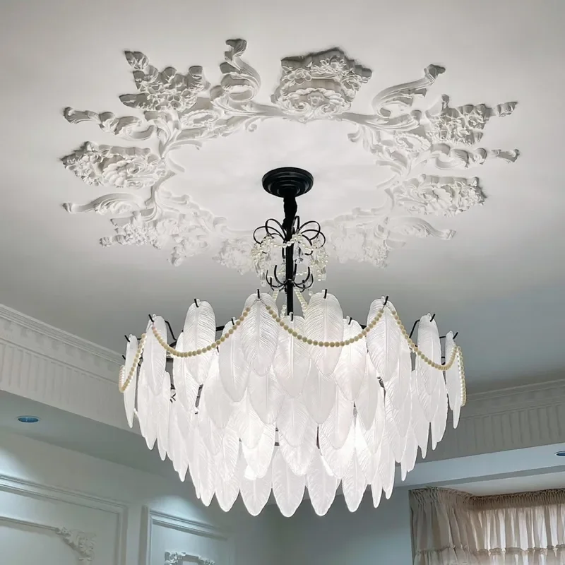 Modern French Cream Glass Feather Chandelier Minimalist Pendant Light for Living Room Dining Room Master Bedroom Villa Decor