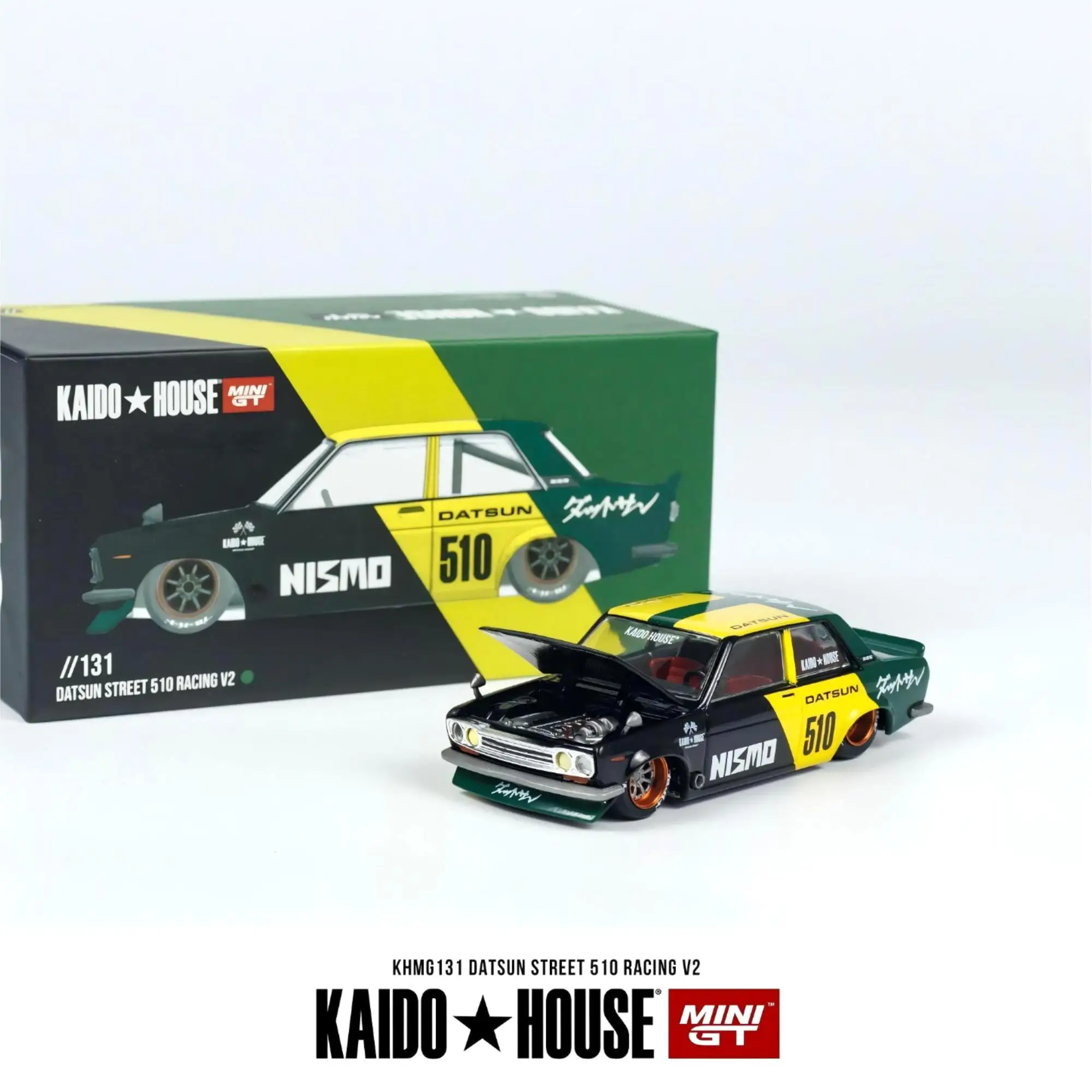 TSM KAIDO HOUSE MINIGT 1/64 KHMG131 Datsun Street 510 Racing V2 Vernis Chase Groen Geel gegoten legering automodel