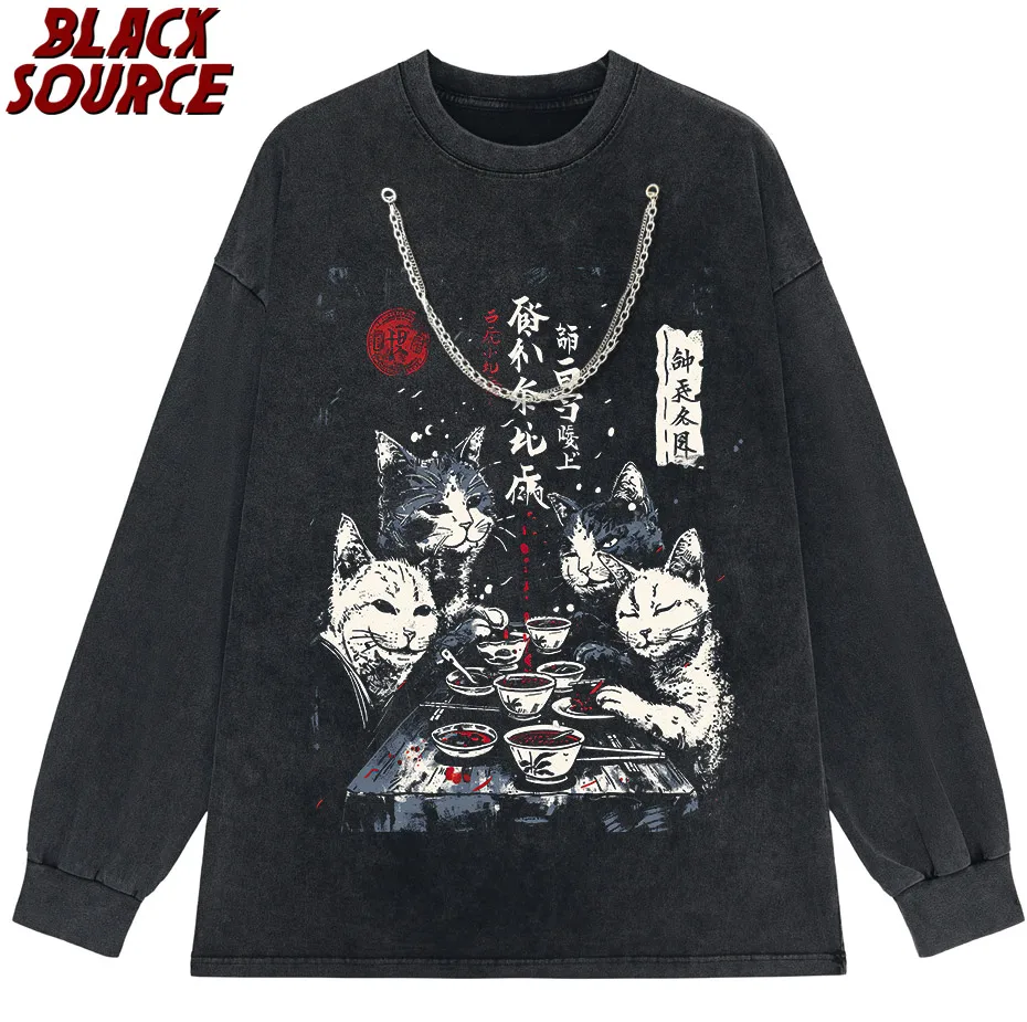 T497 Bai Men's Catman Red Moon Cat Graphic Hoodie, Japanese Streetwear Pullover Sweatshirt, Oversized Casual Urban Fashion