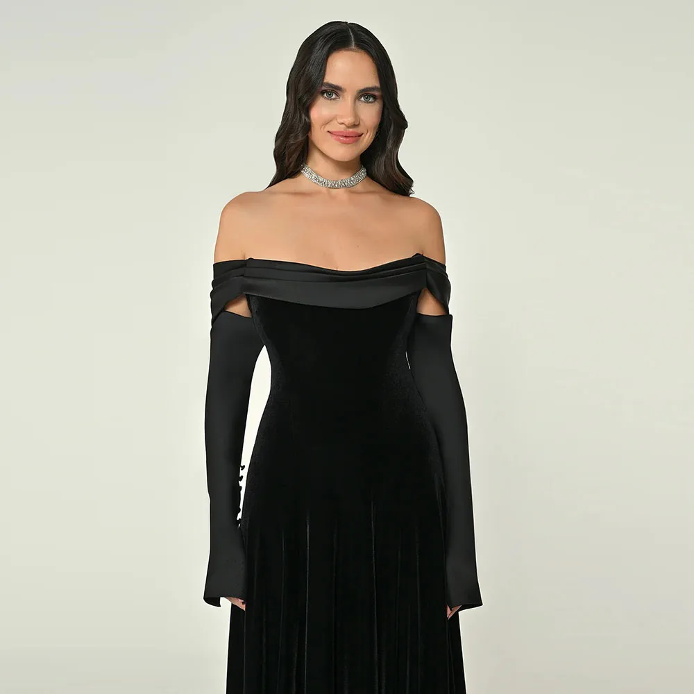 فساتين حفلة موسيقية مخملية مخصصة بدون أكتاف طول الأرض فساتين سهرة برقبة عارية 3/4 كم للنساء #5