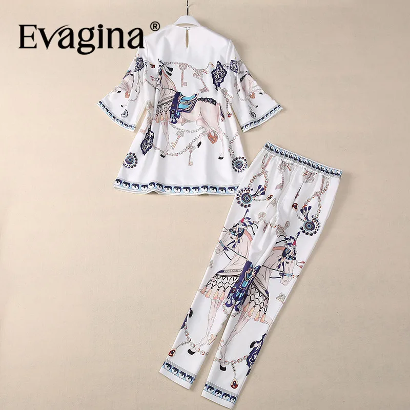 Evagina Fashion Designer Spring Summer Women's Suit Half Sleeved Crystal Beading Tops+pencil pants Print Two Piece Set