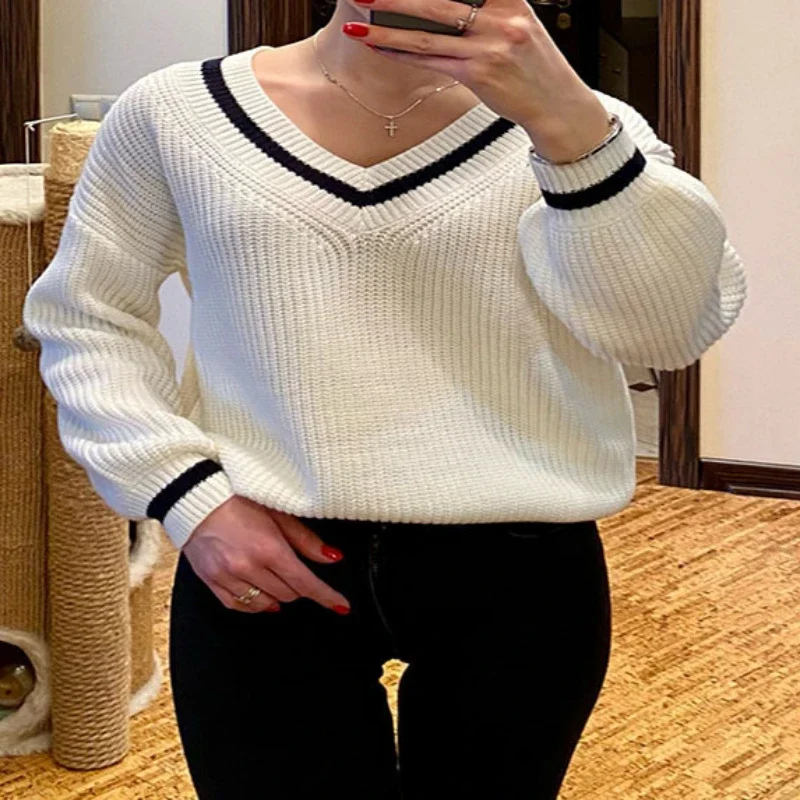 V-neck Sweater Kintted Women Thick Loose Pullovers Navy Spring Autumn Winter Jumper White Y2k Top Crochet Jumper Streetwear