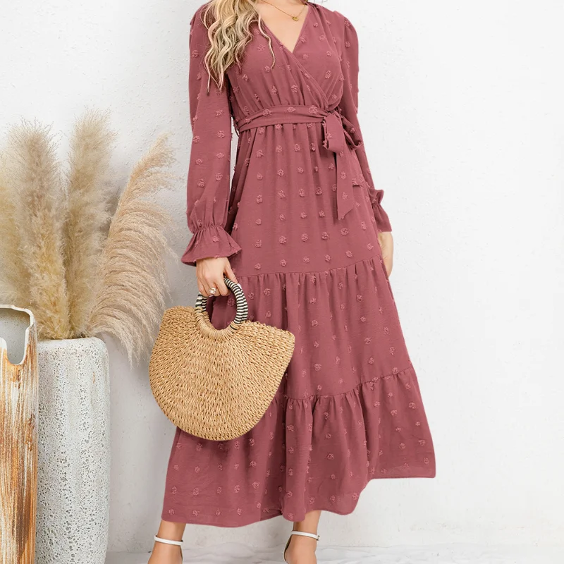 Vestido com decote em v casual monocromático feminino, manga comprida, selvagem, confortável, cintura alta, senhora do escritório, elasticidade, novo, outono, inverno, 2023