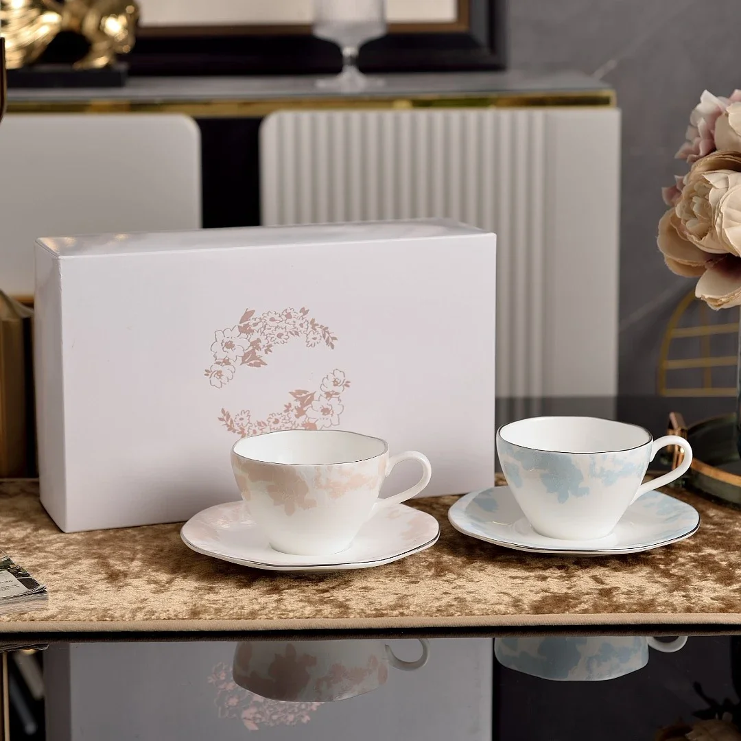 Light Luxury White Bone china Blue Pink Flower Coffee Cup and Saucer Teapot Exquisite Gift Box for household Tea Set