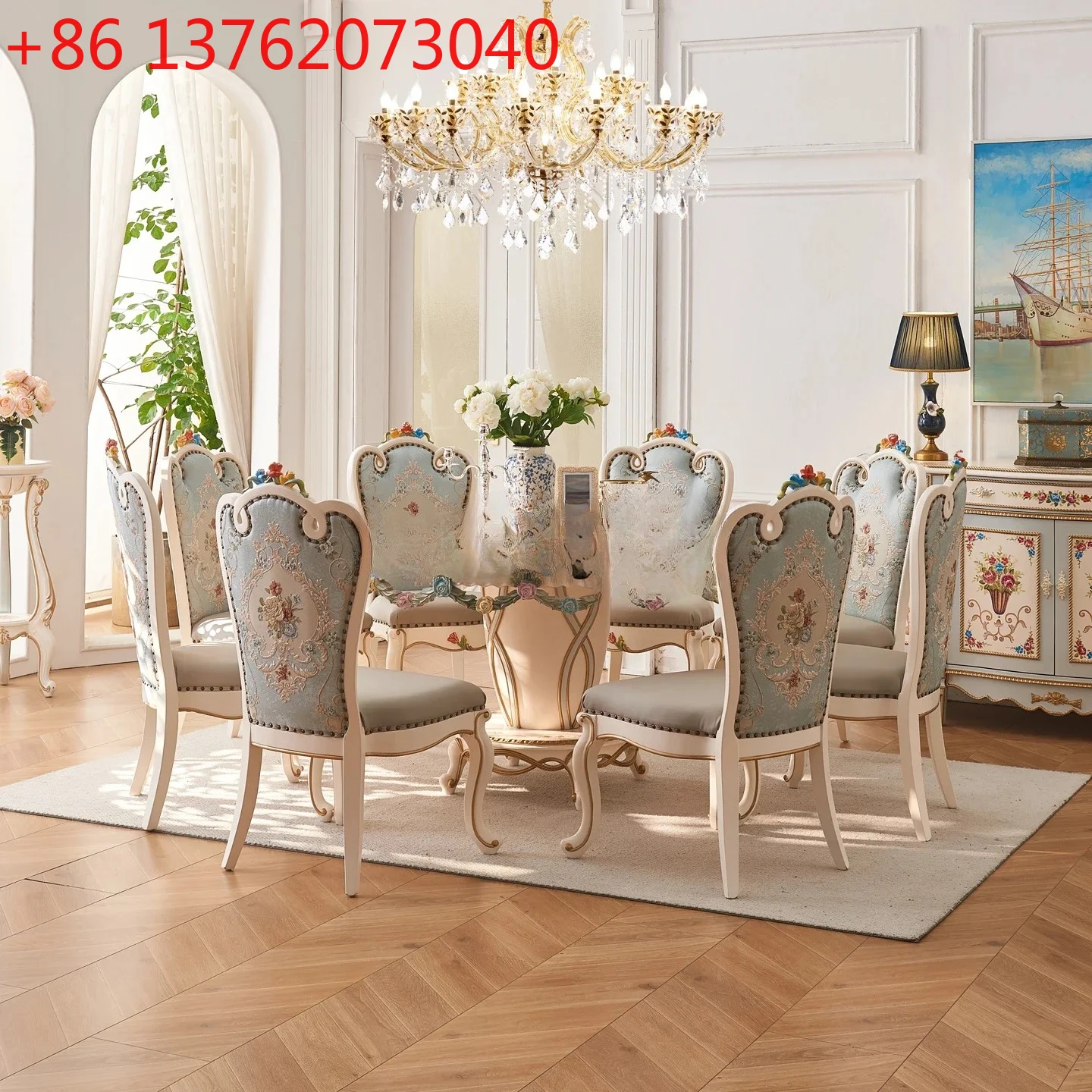 

European French style, villa all solid wood 1.5M with turntable hand-painted flower round dining table and chairs4593