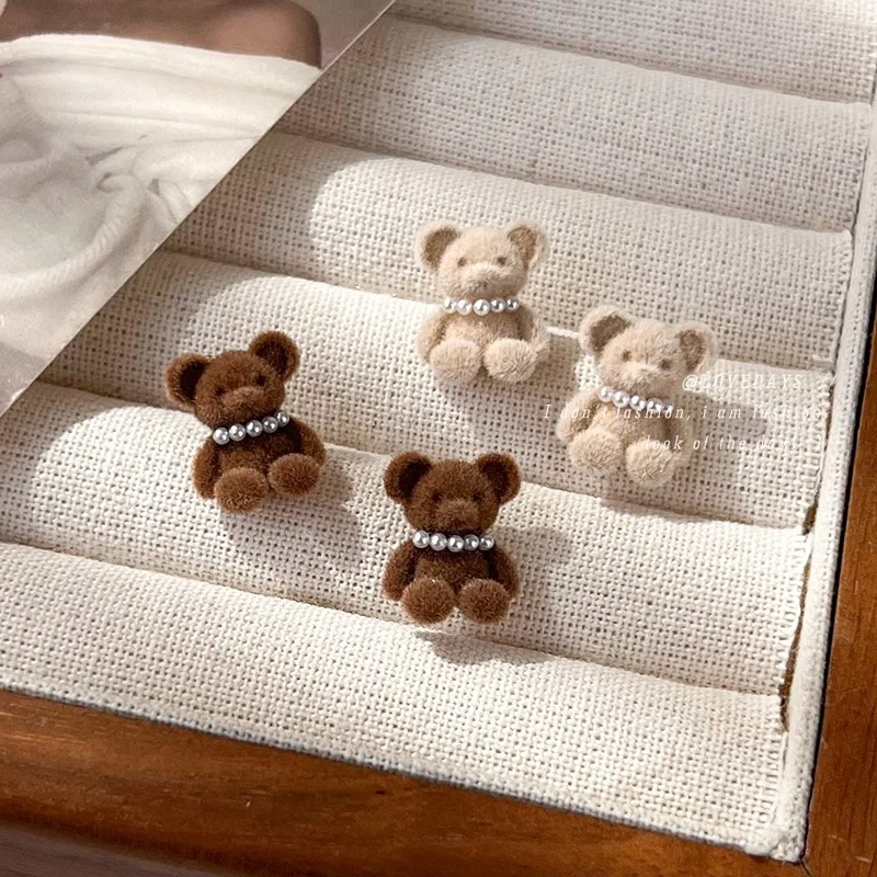 Flocked Velvet Bear Pearl Earrings 2026 New Arrival Unique Designer Studs for Women Cute Winter Jewelry Daily Hypoallergenic