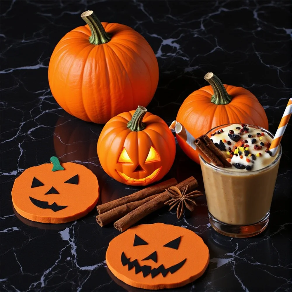 5pcs Pumpkins Coaster Felt  Drink Coaster Set Autumn Thanksgiving Halloween Drink Cup Pad Mats Bottle Mug Place Table Decoration