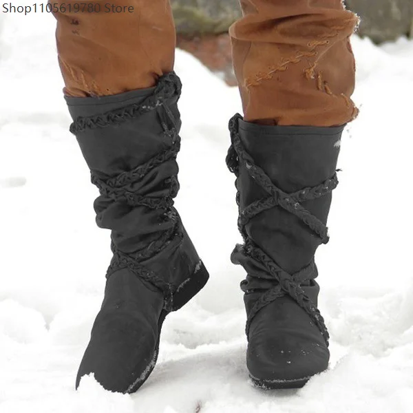 Women Casual Mid Calf Boots 2026 Fall Winter Retro Woven Ornament Design Shoes Ideal Daily Role Play Festival Dress Up Wear