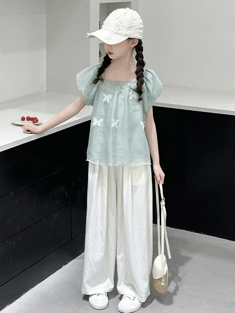 

Летний повседневный комплект для девочек: тонкие широкие брюки и топ, хлопковый комплект с коротким рукавом, модная детская одежда