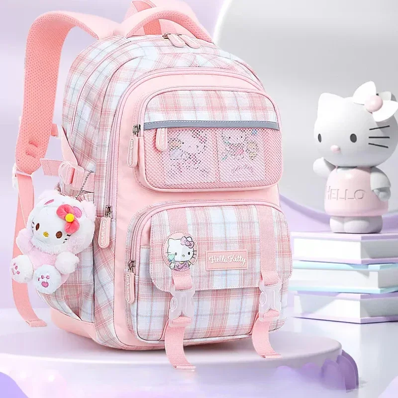 Sanrio Bolsa Primária para Mulher, Hello Kitty, Kuromi Girl Cinnamoroll, Mochila de Proteção da Coluna de Crianças, Mochila Escolar Bonito