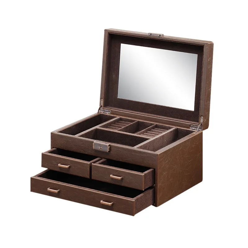 Grid layered jewelry storage box, brown leather with makeup mirror, bronze hardware 90-degree opening and closing jewelry
