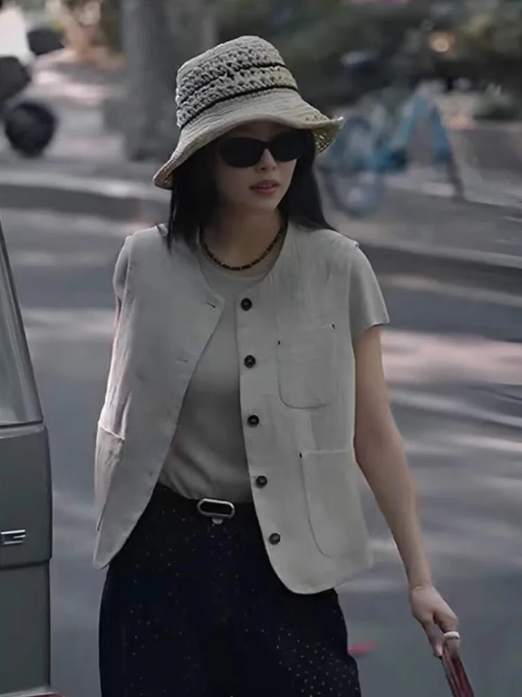 

Японский льняной костюм, жилет, женский летний европейский высококачественный многослойный хлопковый льняной топ, круглый топ Ne Singl...