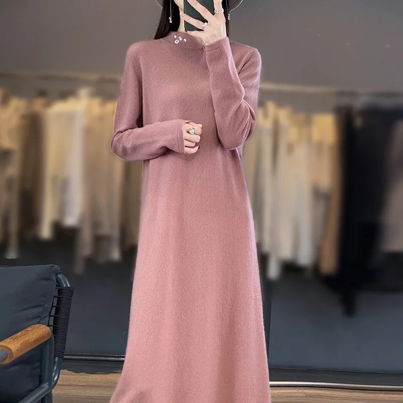 

High Quality Women Loose Dress 100% Cashmere and Wool Knit V-neck Jumpers 2023 New Fashion Winter Lady Pullovers NJ01