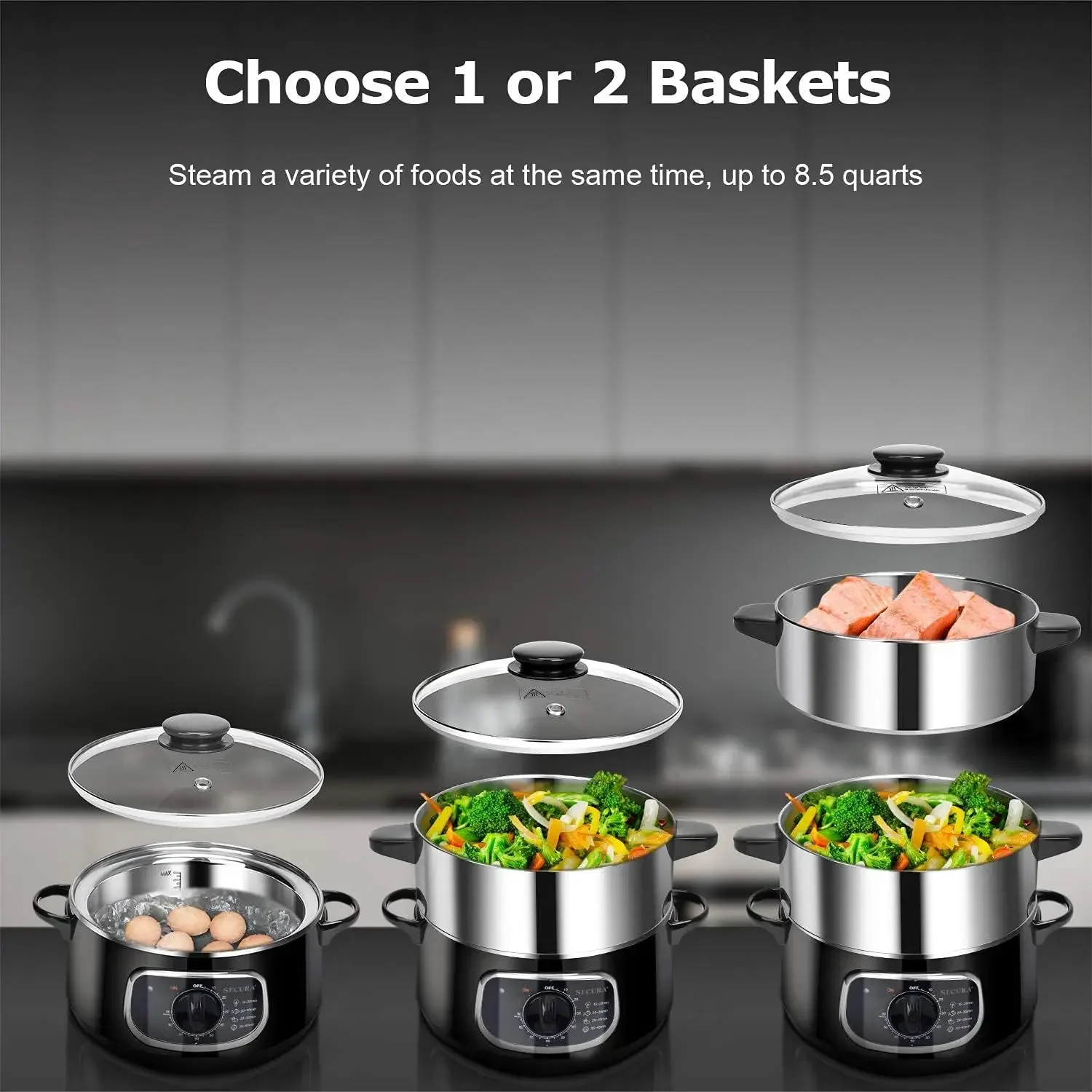 2 Stainless Steel Food Steamer 8.5 Qt Electric Glass Lid Vegetable Steamer Double Tiered Stackable Baskets with Timer