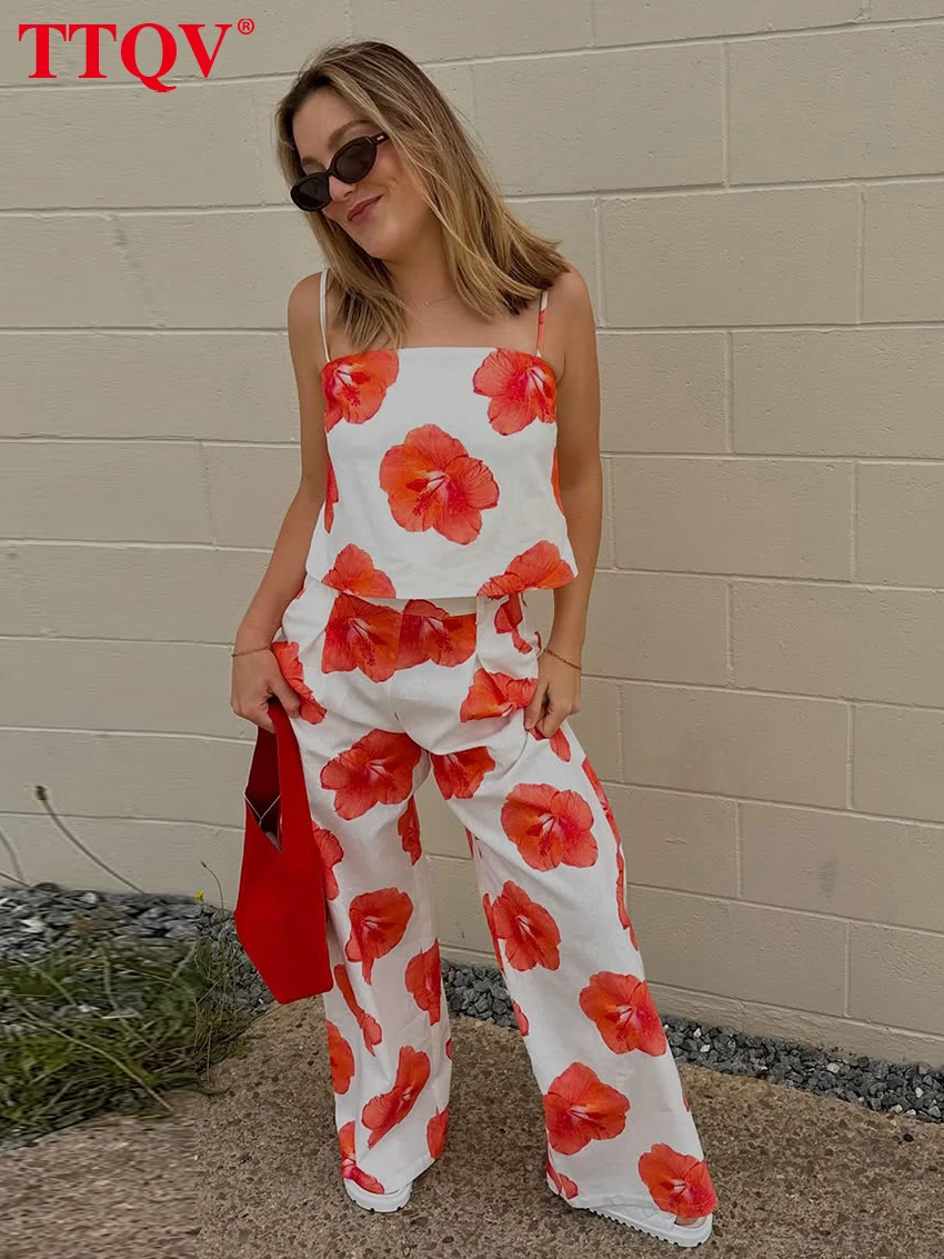 

TTQV Summer Loose Print Women's Two Pieces Set 2026 Sexy Sleeveless Tank Top With High Waist Wide Pants Set Female Clothing