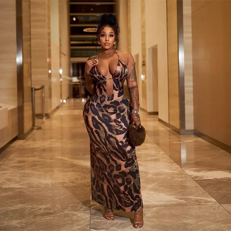 

Crystal Summer Women's Clothing Sexy Maxi Dress Hanging Neck Strap Open Navel Back Leopard Pattern Long Dress Vestidos