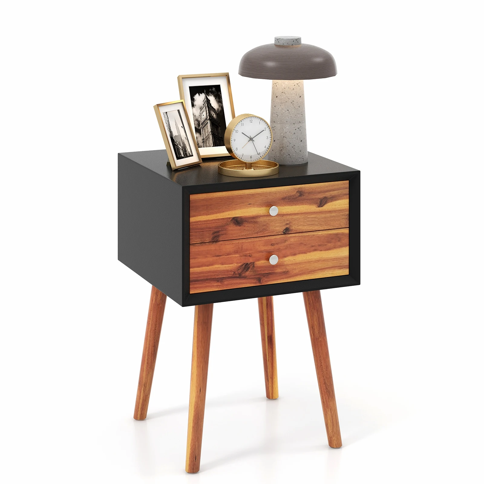 

Wooden Nightstand Mid-Century End Side Table Living Room W/2 Storage Drawers