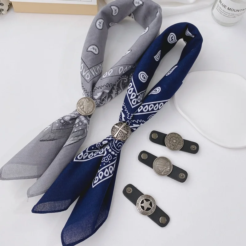 Artistic Cotton Square Scarf American Street Style Trendy Workwear Men's Decorative Necktie Small Scarf Silk Button Leather Ring