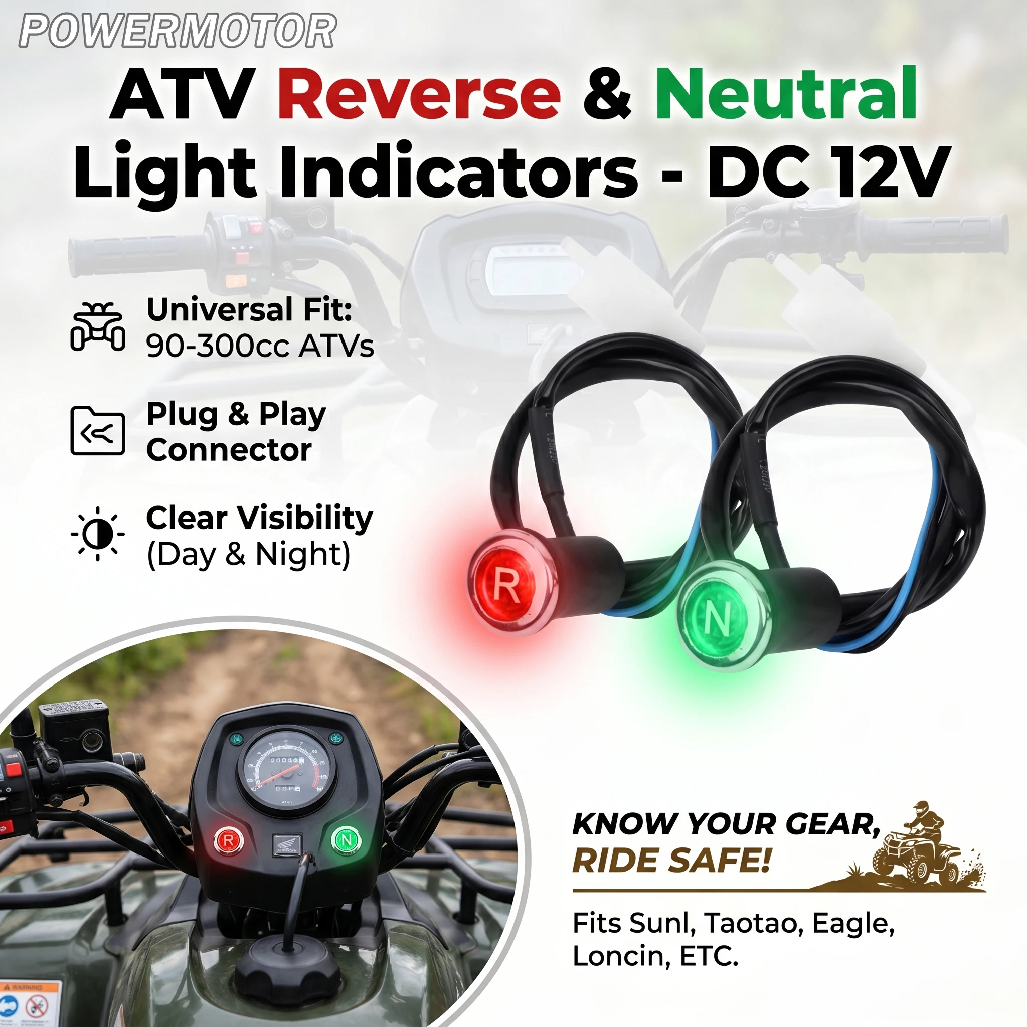 

DC 12V ATV Reverse Neutral Gear Indicator Light for Sunl Taotao ATV 250cc 200cc 150cc 125 110 90 Enduro DirtBike Quad Modified