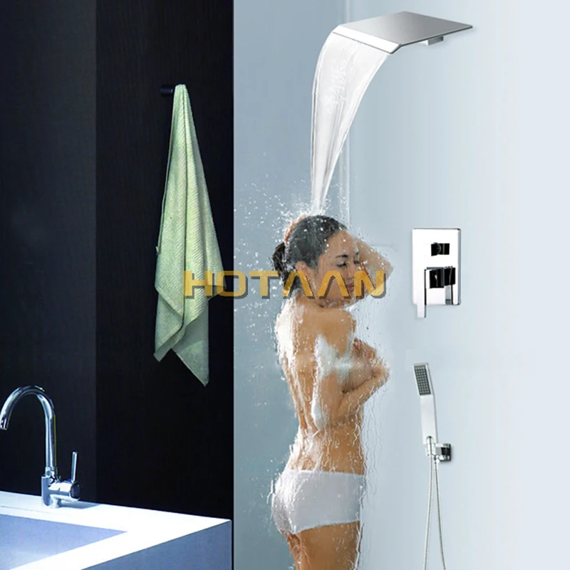 . modern bathroom waterfall shower set faucet with shower head+hand shower wall mounted,YT-5303