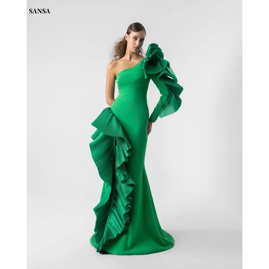 

Sansa Customized Green One Shoulder Mermaid Backless Prom Dresses Satin فساتين للمناسبات الخاصة Floor-Length vestidos de festa