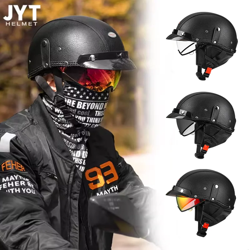 

Минималистичный черный кожаный мягкий на ощупь для комфортного мотоциклетного полушлема Cruiser, разноцветные очки в горошек, регулируемые четыре сезона