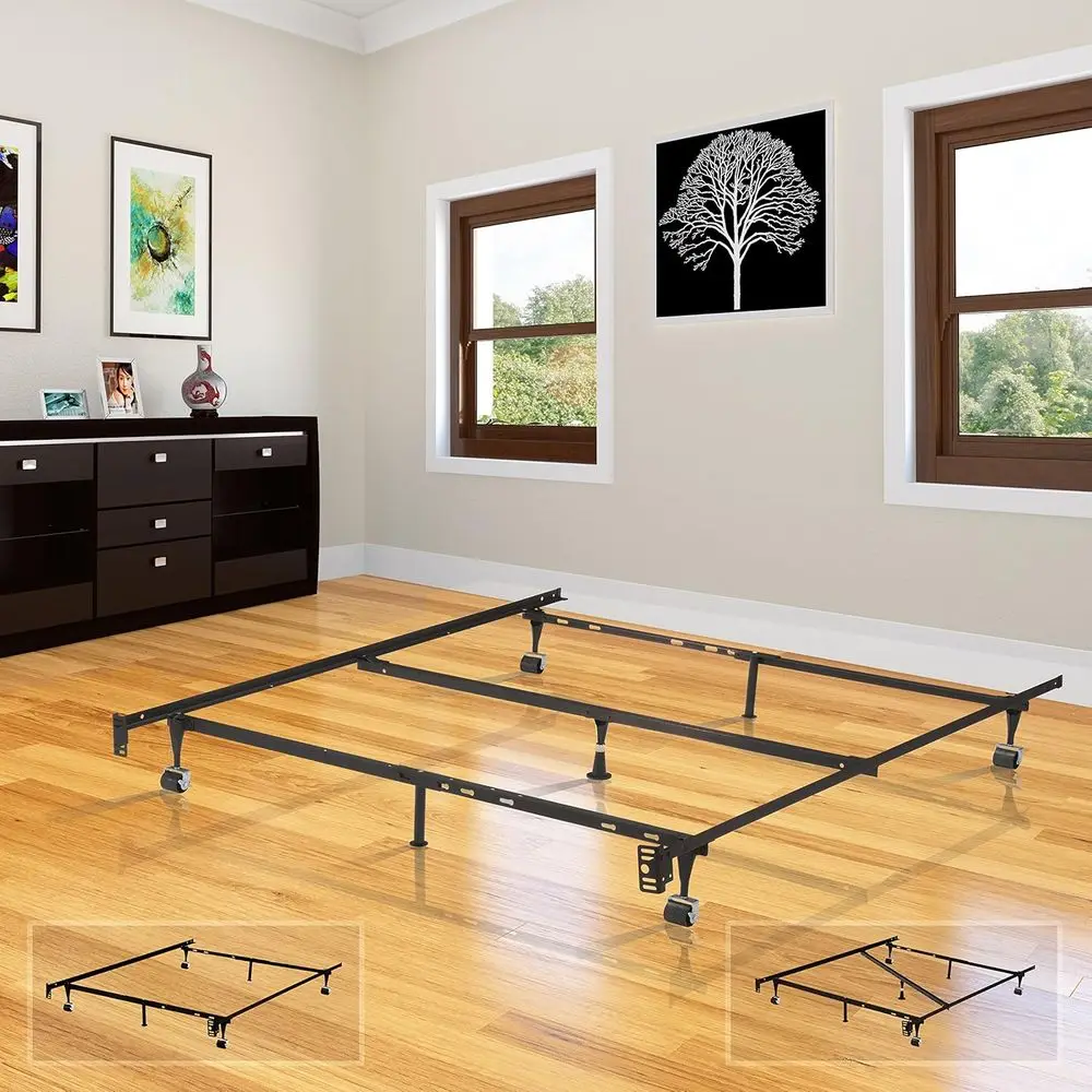 Adjustable 7-Leg Metal Bed Frame for Queen, Full, XL, Twin, and Twin XL with Center Support and Locking Wheels