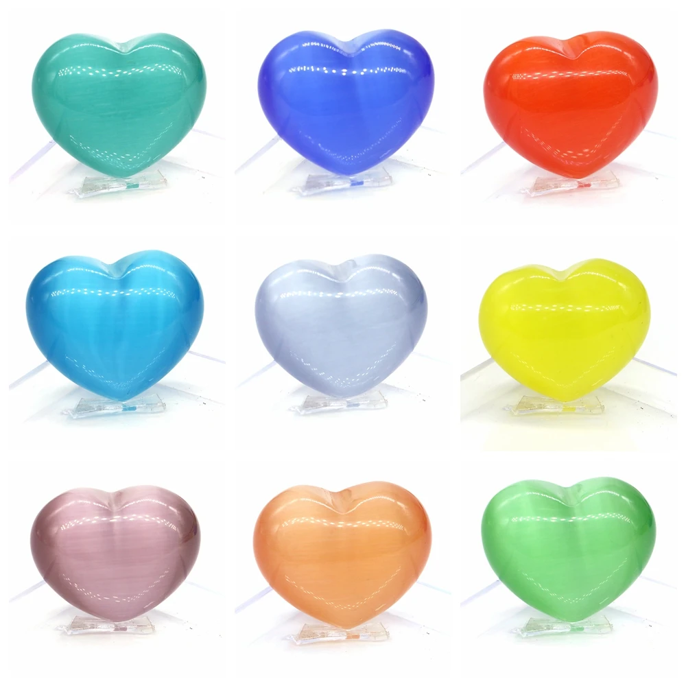 30mm Cat Eye Stone Heart Shaped Color Crystals Gemstone Handmade Crafts Decor DIY Jewelry Making Pendan Necklace Women Charm Men