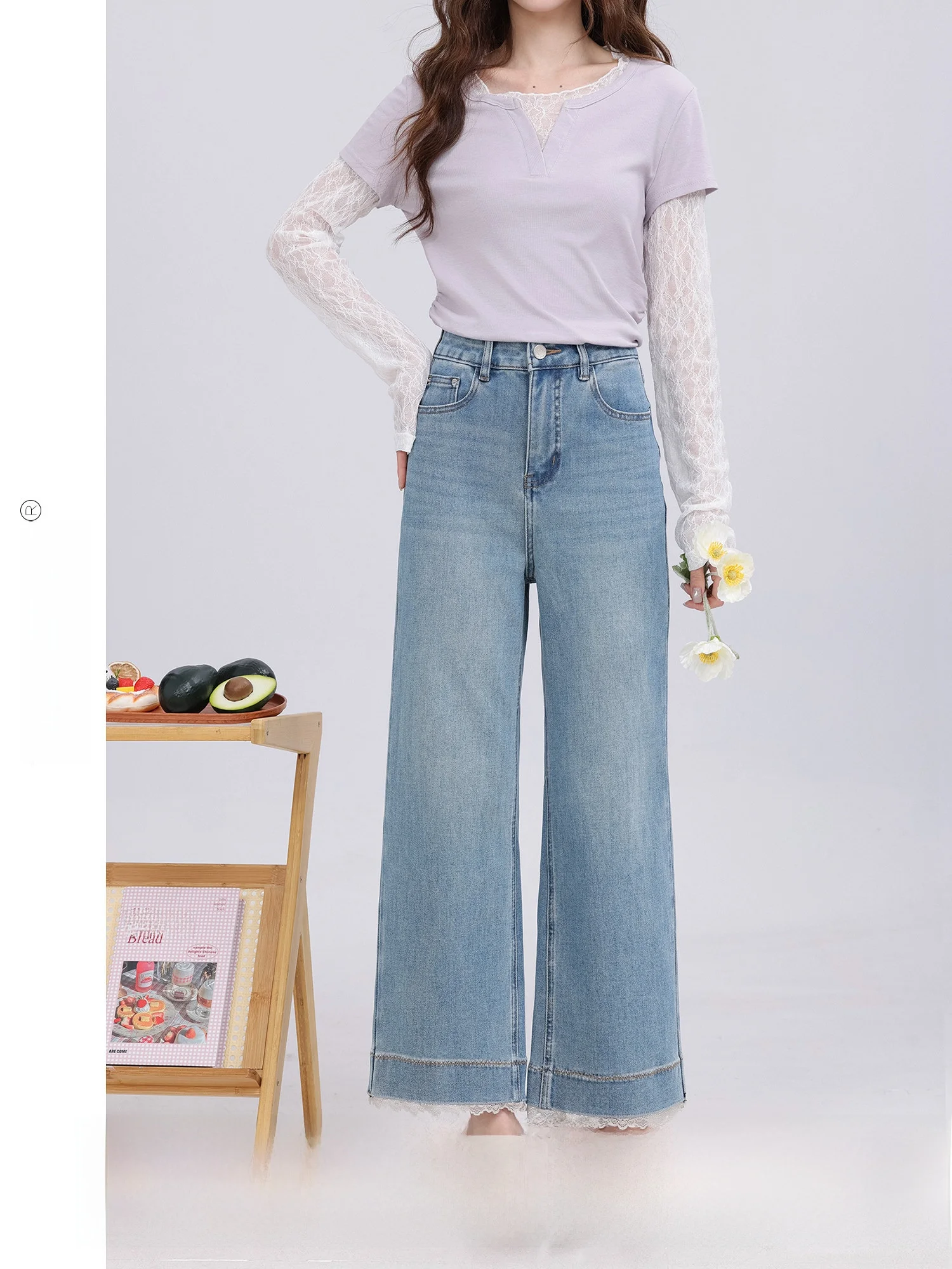 

Джинсы с высокой талией и широкими штанинами в ретро-стиле, с кружевной отделкой, синие, длиной 7/8, универсальные, летняя новинка от Another Lane