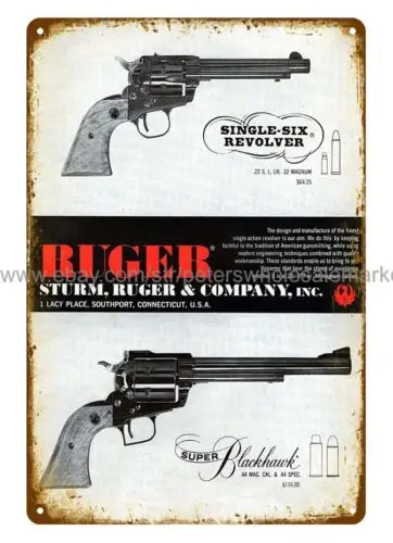 1961 Ruger Super Blackhawk Revolver Handgun hunting firearm metal tin sign