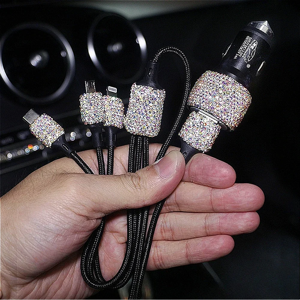 Autoladegerät Luxus Bling Diamond 3 in 1 5V 2,1A Dual Port Schnelladapter Rosa Auto Dekor Auto Styling Diamant Autozubehör