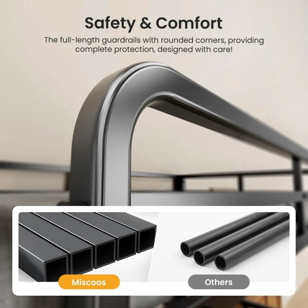 سرير - سرير معدني بطابقين ثلاثي الحجم شديد التحمل مع سلم لجميع الأعمار، لا حاجة إلى صندوق زنبركي سهل التجميع باللون الأسود