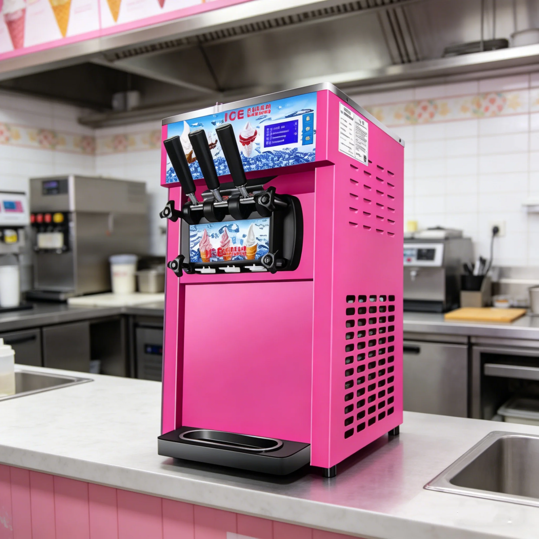 Commercial Desktop Fully Automatic Inverter 3-Head Ice Cream Machine - 3-Flavor Simultaneous Making, 48L/H Capacity