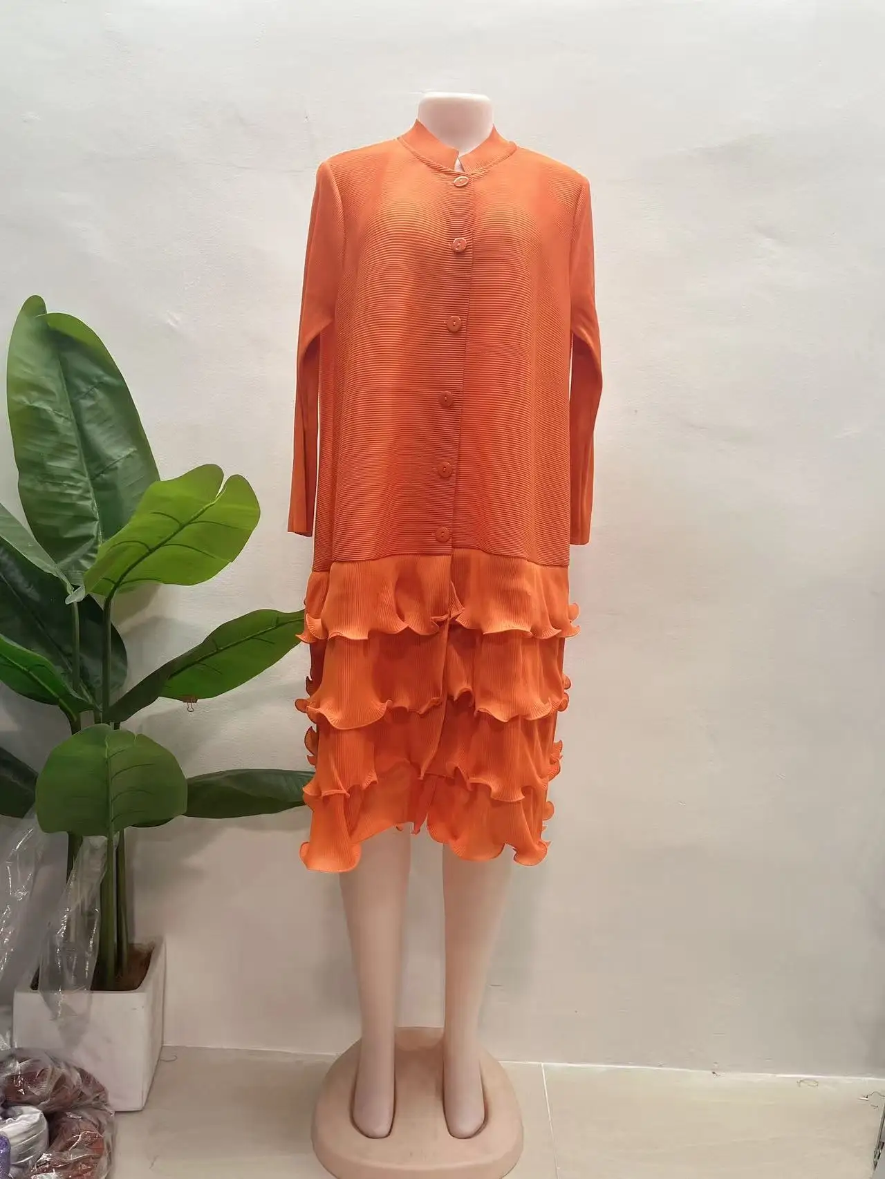 

Miyake 2025 New Pleated Dress Women Ruffles Stand Long Sleeves Solid Single Breasted Loose Dresses Fashion Design Clothing