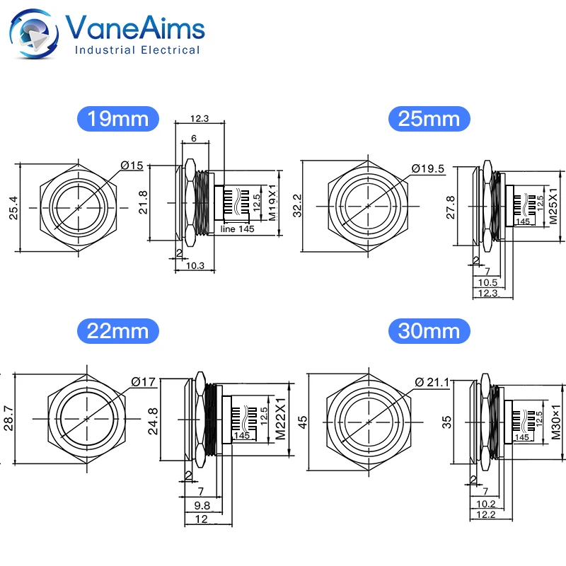 19/22/25/30mm Ultra Korte LED Lichtschakelaar 3V 6V 12V 24V 220V Momentary Self Reset Waterdichte Metalen Drukknop met Draad