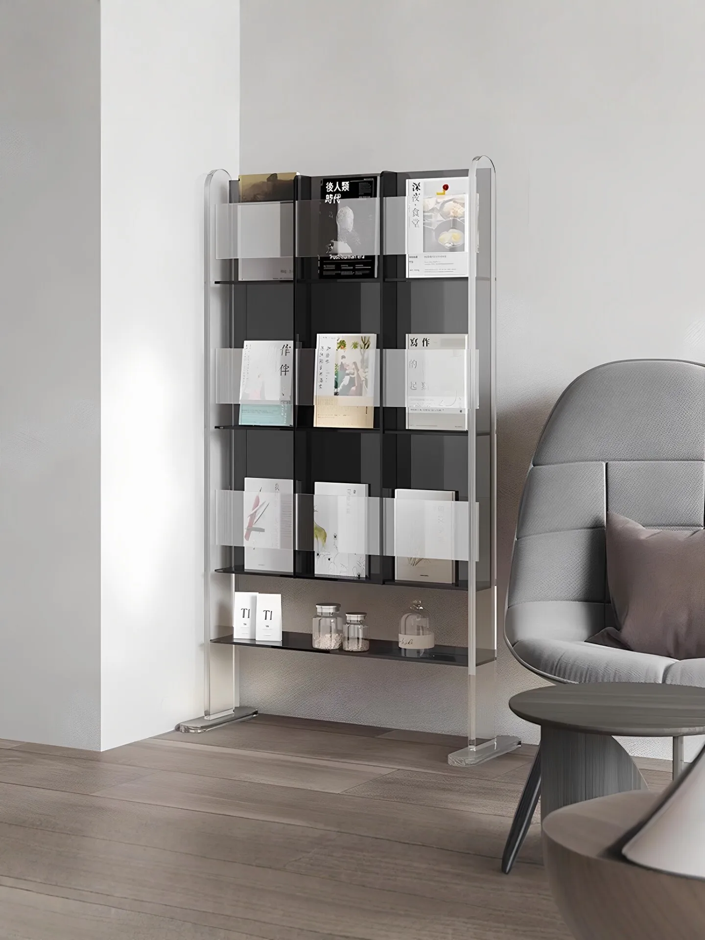 Floor-to-ceiling transparent bookshelf Living room shelf Newspaper storage Light luxury magazine rack CD rack Acrylic vinyl reco