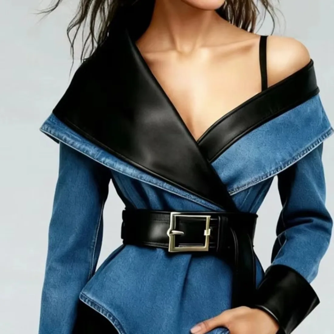 Women's Denim Faux Leather Patchwork Jacket Off Shoulder Contrast Lapel Long Sleeve Belted Waist Irregular Hem Casual Outerwear